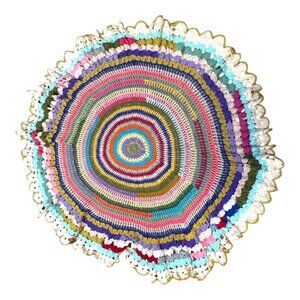 Vintage Handmade Round Crochet Doily Tablecloth Scalloped Edge Striped Large 58"